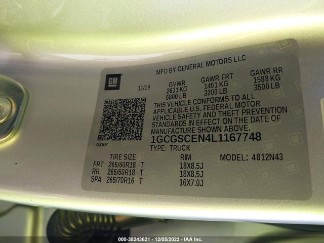 2020 CHEVROLET COLORADO 2WD SHORT BOX LT VIN: 1GCGSCEN4L1167748