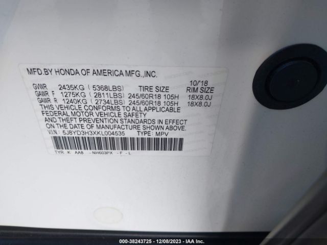 5J8YD3H3XKL004535 Acura Mdx Standard
