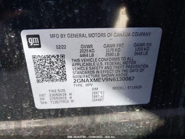 2GNAXMEV9N6130067 Chevrolet Equinox Fwd Rs