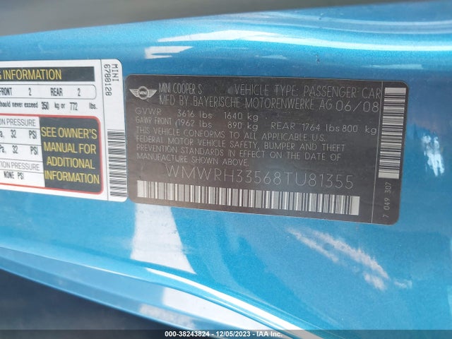 2008 MINI COOPER S WMWRH33568TU81355 Photo 8