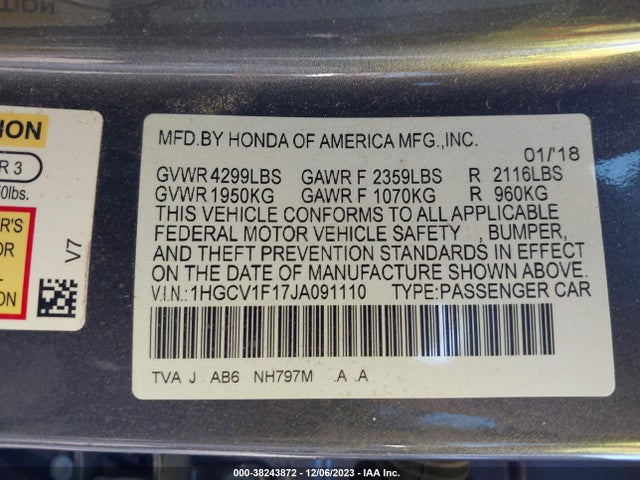 Honda ACCORD LX 2018 1HGCV1F17JA091110 Image 9