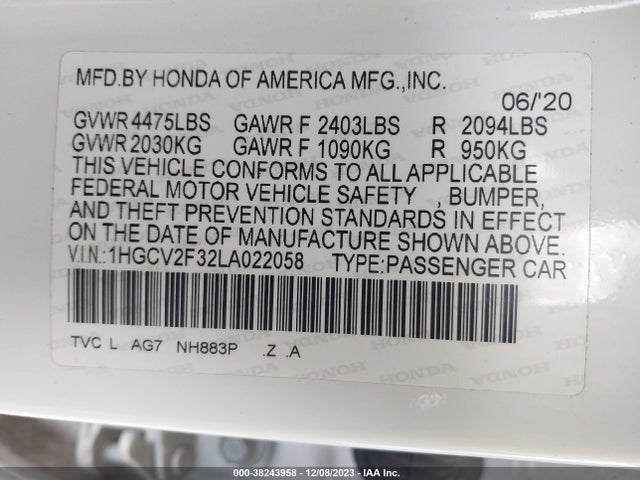 2020 HONDA ACCORD SPORT 2.0T VIN: 1HGCV2F32LA022058