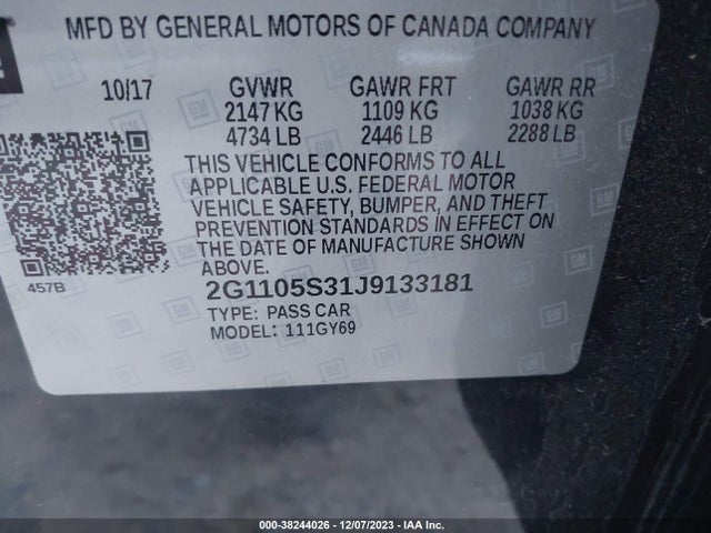 Chevrolet IMPALA 1LT 2018 2G1105S31J9133181 Image 9