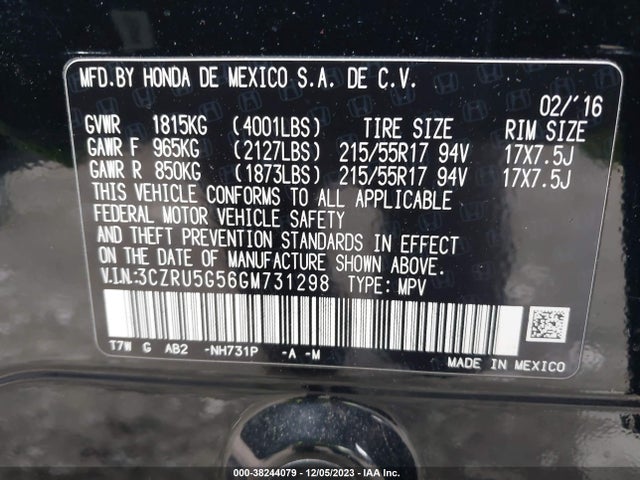 2016 Honda Hr-v Ex მანქანა იყიდება აუქციონზე, vin: 3CZRU5G56GM731298, აუქციონის ნომერი: 38244079
