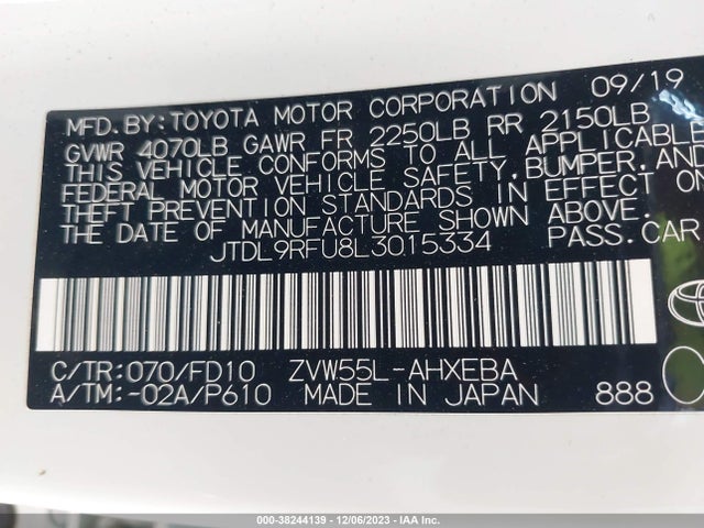 2020 TOYOTA PRIUS LE AWD-E VIN: JTDL9RFU8L3015334