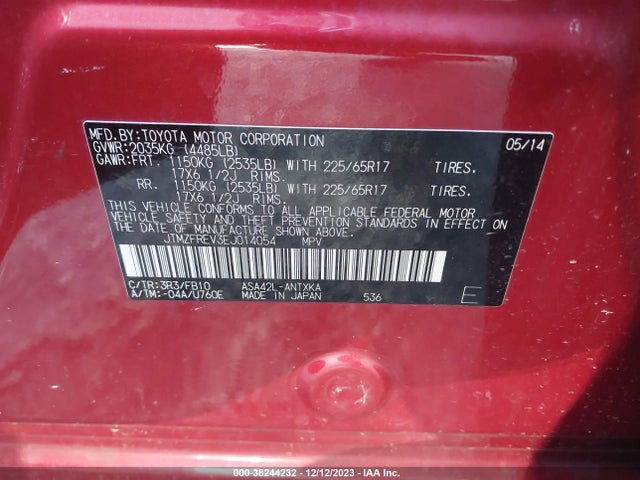 2014 TOYOTA RAV4 LE VIN: JTMZFREV3EJ014054