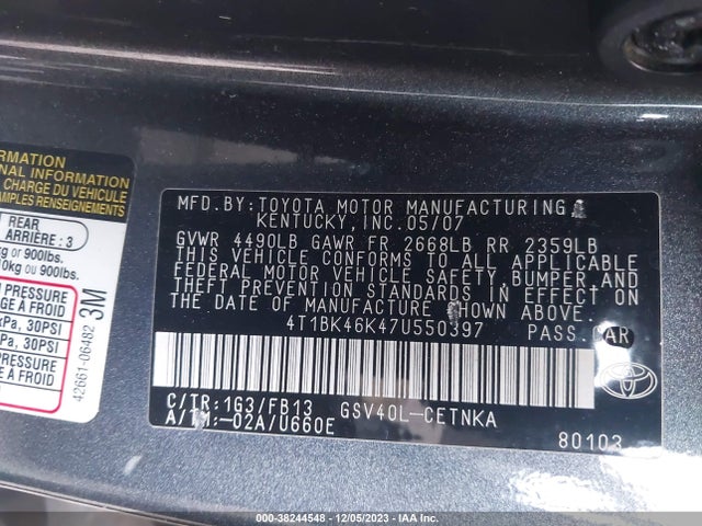 2007 TOYOTA CAMRY LE V6 VIN: 4T1BK46K47U550397