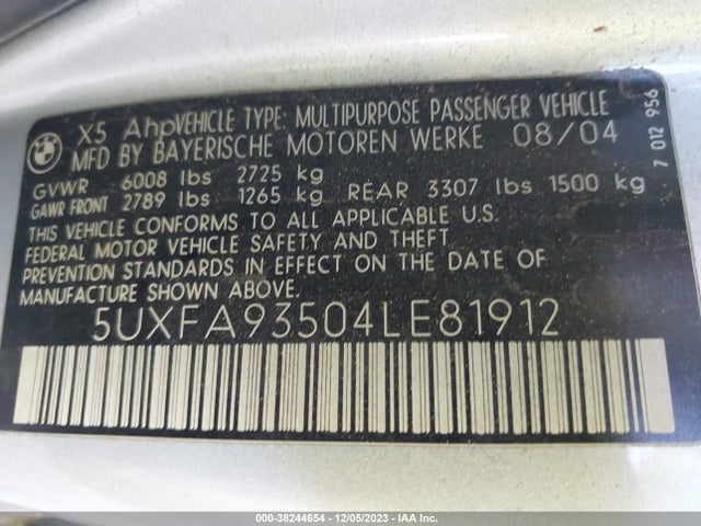 2004 BMW X5 4.8IS VIN: 5UXFA93504LE81912