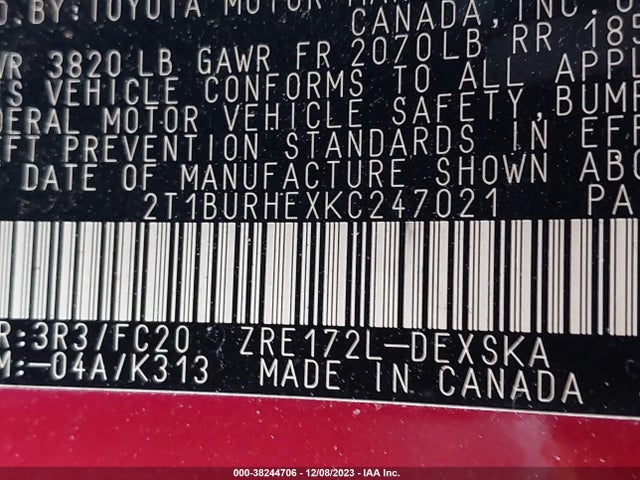 2019 TOYOTA COROLLA SE VIN: 2T1BURHEXKC247021