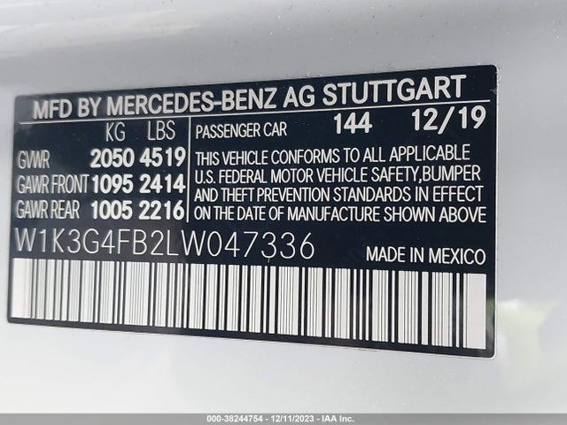 2020 MERCEDES-BENZ A 220 4MATIC VIN: W1K3G4FB2LW047336