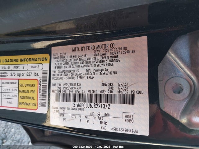 3FA6P0LU6JR221372 Ford Fusion Hybrid Se