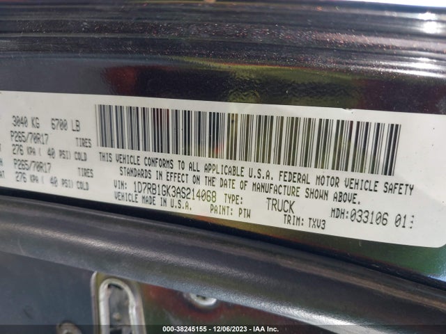 2010 DODGE RAM 1500 ST VIN: 1D7RB1GK3AS214068