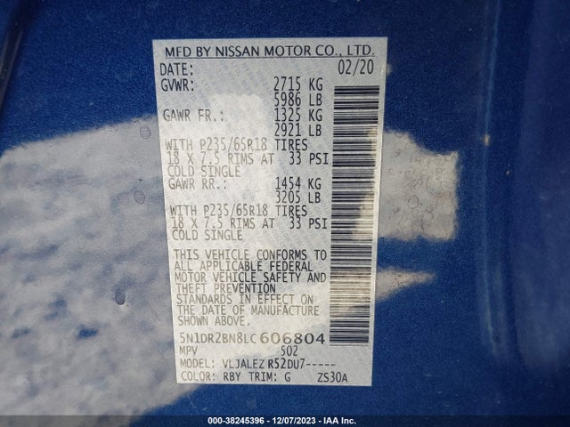 2020 NISSAN PATHFINDER SV 2WD VIN: 5N1DR2BN8LC606804