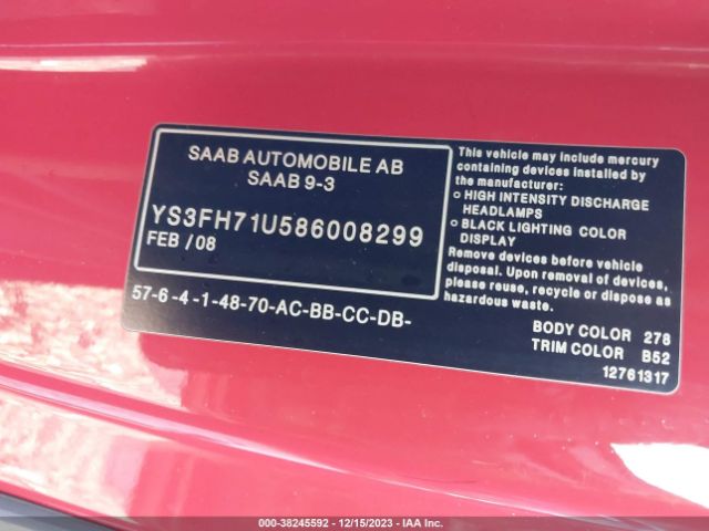 2008 SAAB 9-3 YS3FH71U586008299 Photo 8