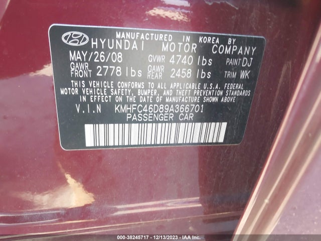 2009 HYUNDAI AZERA GLS VIN: KMHFC46D89A366701