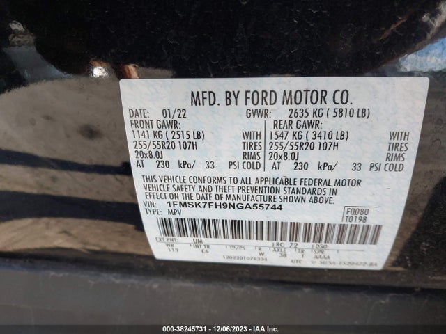 2022 FORD EXPLORER LIMITED VIN: 1FMSK7FH9NGA55744