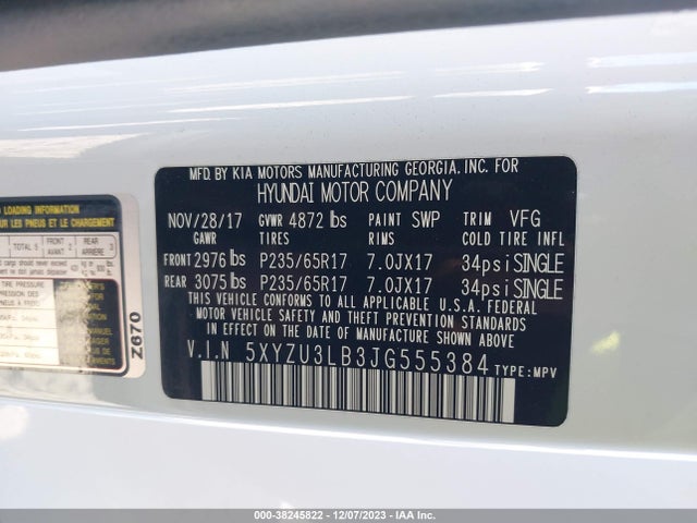 2018 HYUNDAI SANTA FE SPORT 2.4L VIN: 5XYZU3LB3JG555384