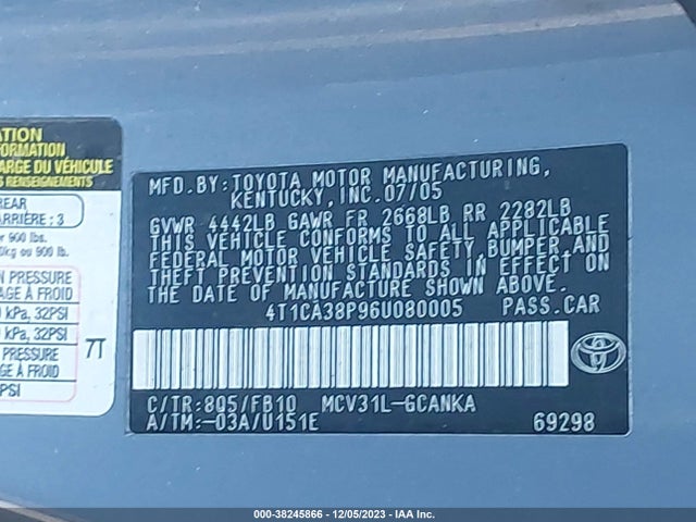 2006 TOYOTA CAMRY SOLARA SE V6 VIN: 4T1CA38P96U080005