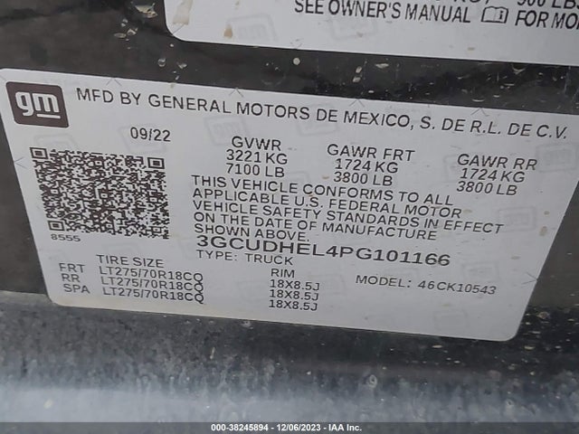 2023 CHEVROLET SILVERADO 1500 4WD SHORT BED ZR2 VIN: 3GCUDHEL4PG101166
