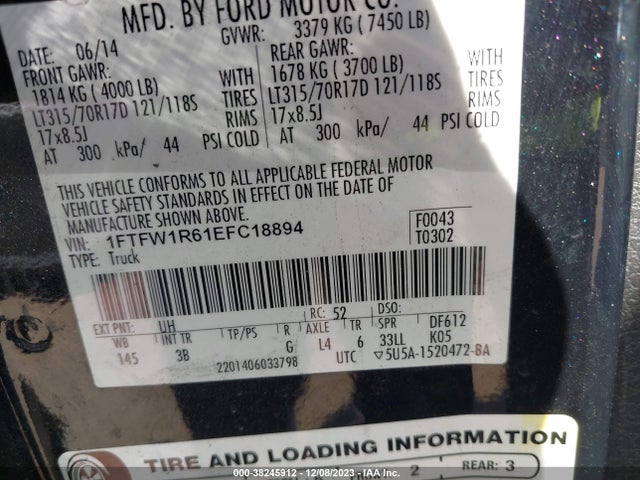 Ford F-150 Svt Raptor 2014 1FTFW1R61EFC18894 Image 9