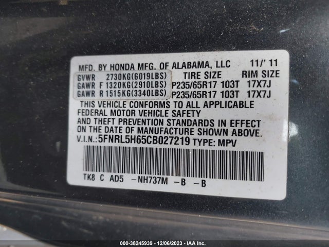 2012 HONDA ODYSSEY EX-L VIN: 5FNRL5H65CB027219