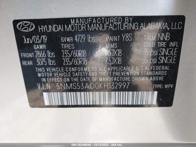2019 HYUNDAI SANTA FE LIMITED VIN: 5NMS53AD0KH132997