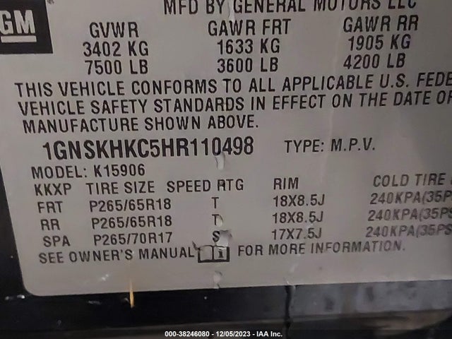 Chevrolet Suburban Lt 2017 1GNSKHKC5HR110498 Image 9