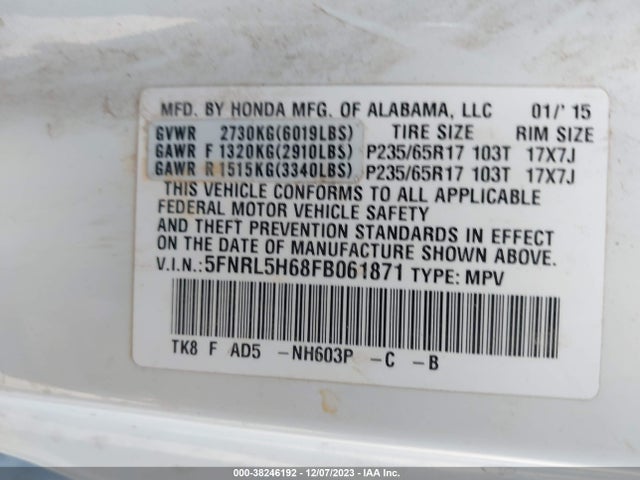 Honda Odyssey Ex-l 2015 5FNRL5H68FB061871 Image 9