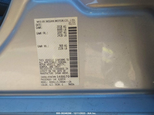2021 NISSAN ALTIMA PLATINUM INTELLIGENT AWD VIN: 1N4BL4FW5MN348670