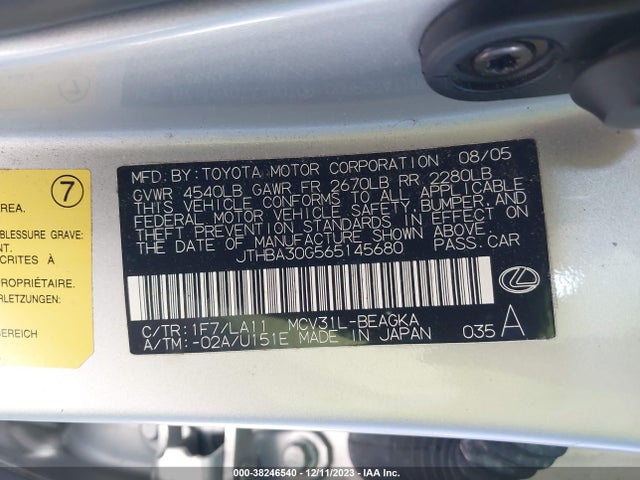 2006 LEXUS ES 330 VIN: JTHBA30G565145680