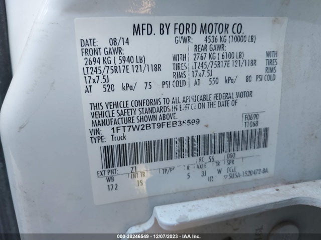 2015 FORD F-250 XL VIN: 1FT7W2BT9FEB35599
