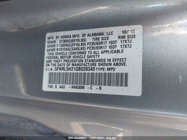 Honda ODYSSEY LX 2016 5FNRL5H21GB028340 Image 9