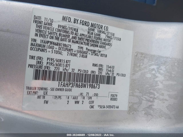 2011 FORD FOCUS SE VIN: 1FAHP3FN6BW198673