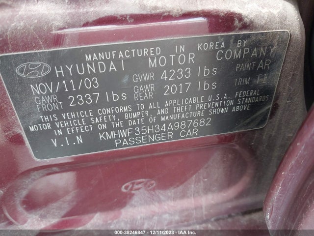 2004 HYUNDAI SONATA GLS/LX VIN: KMHWF35H34A987682
