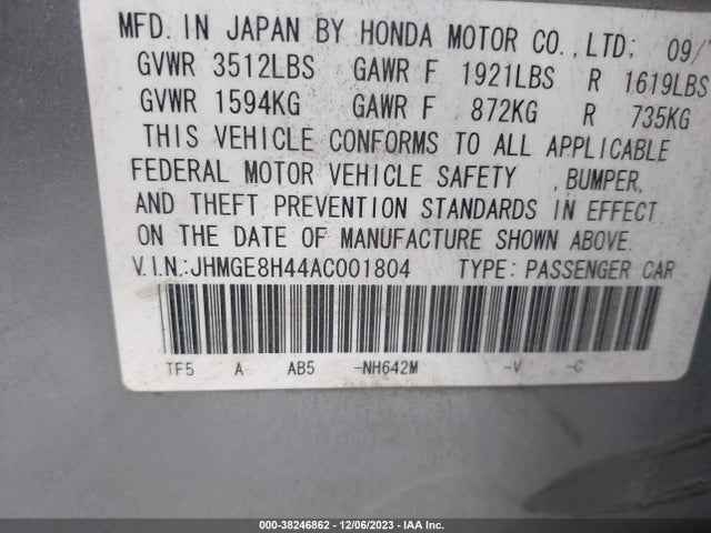 2010 HONDA FIT SPORT VIN: JHMGE8H44AC001804