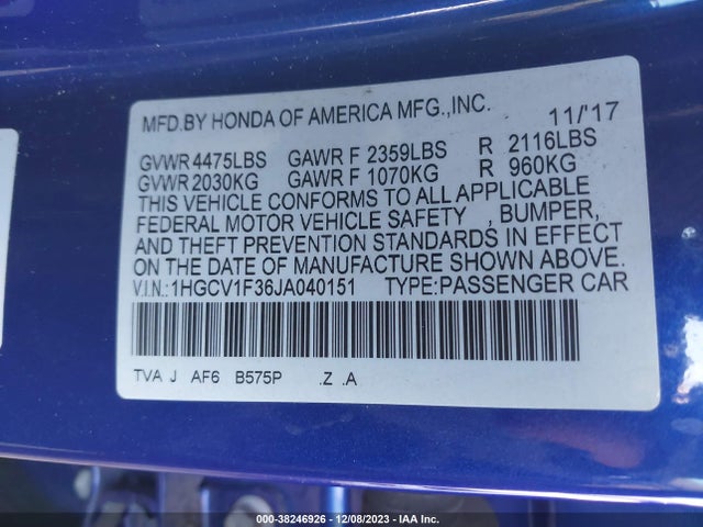 2018 HONDA ACCORD SPORT VIN: 1HGCV1F36JA040151