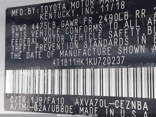 Toyota CAMRY LE 2019 4T1B11HK1KU720237 Image 9