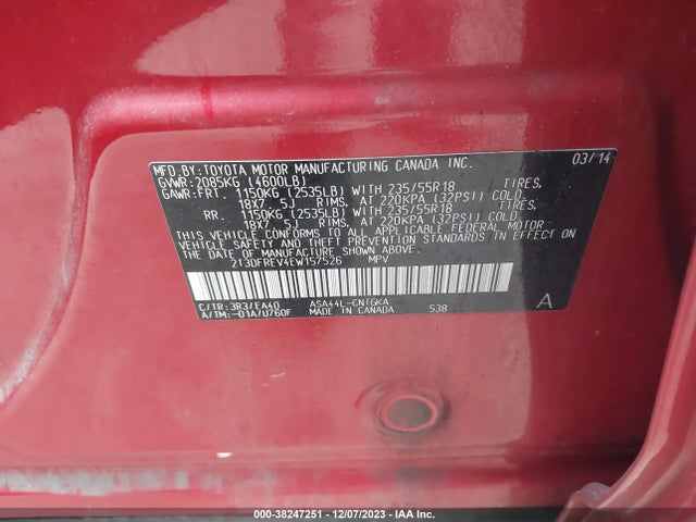 2014 TOYOTA RAV4 LIMITED VIN: 2T3DFREV4EW157526