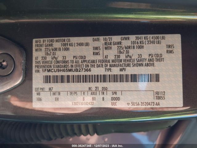 2021 FORD ESCAPE 1FMCU9H65MUB27366 Photo 8