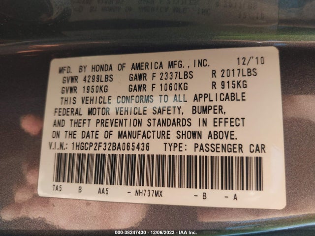 2011 HONDA ACCORD SDN 1HGCP2F32BA065436 Photo 8