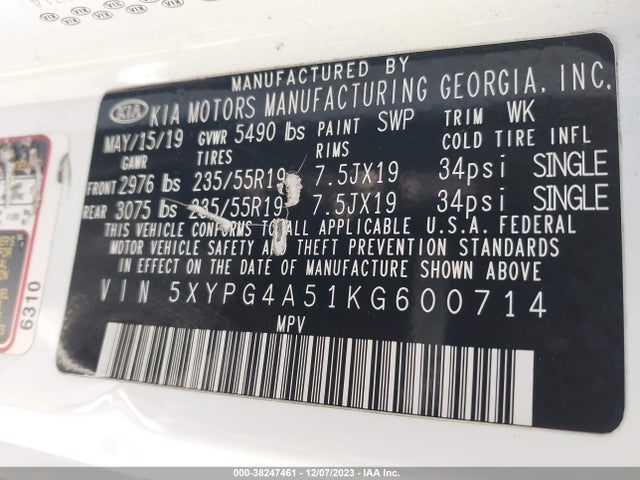 KIA Sorento 3.3l S 2019 5XYPG4A51KG600714 Image 9