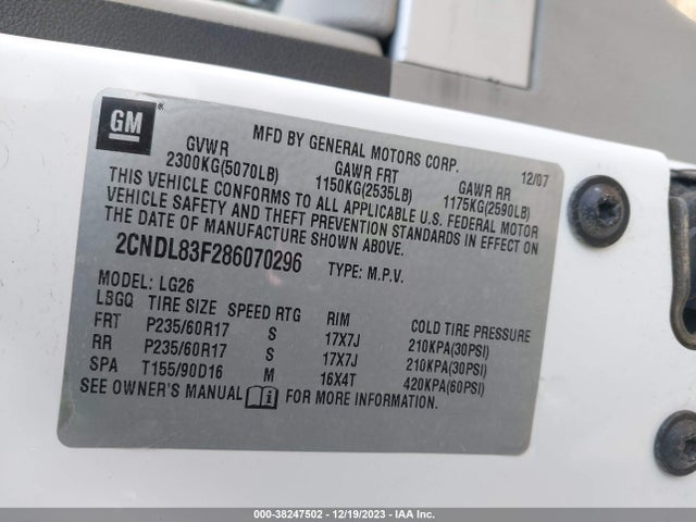 2008 CHEVROLET EQUINOX LTZ VIN: 2CNDL83F286070296