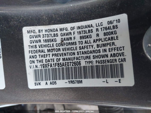 2010 HONDA CIVIC EX VIN: 19XFA1F85AE072606