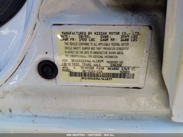 2006 NISSAN SENTRA 1.8S VIN: 3N1CB51DX6L461839