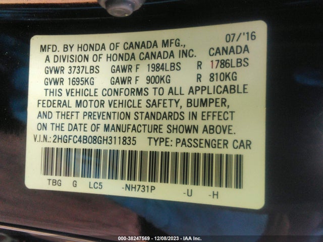 Honda Civic Lx-p 2016 2HGFC4B08GH311835 Image 9