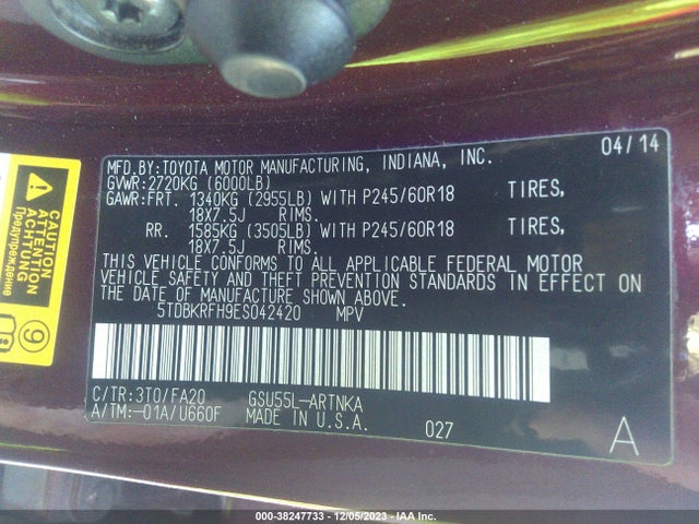 Toyota HIGHLANDER 2014 5TDBKRFH9ES042420 Image 9