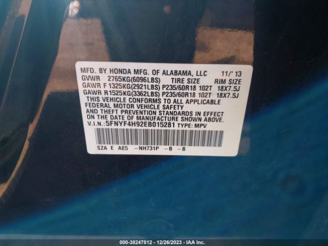 5FNYF4H92EB015281 Honda Pilot Touring