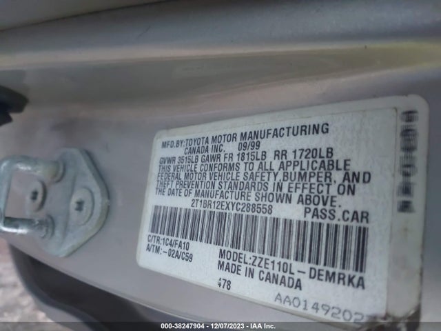 2000 TOYOTA COROLLA VE VIN: 2T1BR12EXYC288558