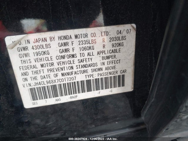2007 ACURA TSX VIN: JH4CL968X7C017207