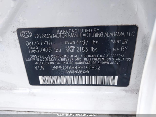 2011 HYUNDAI SONATA LIMITED 2.0T VIN: 5NPEC4AB4BH190802